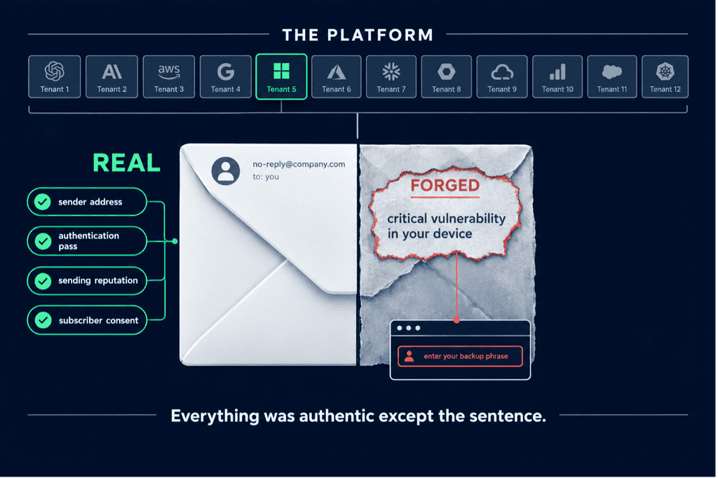 The Phishing Came From Your Real Domain: What a Marketing Platform Breach Does to Brand Trust 2 Split envelope diagram showing a real sender passing authentication next to a forged message, illustrating how a marketing platform breach lets attackers send from a genuine domain