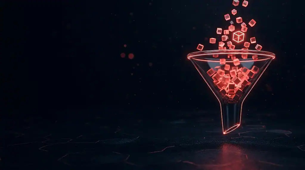 Digital funnel with glowing red cubes entering a funnel.