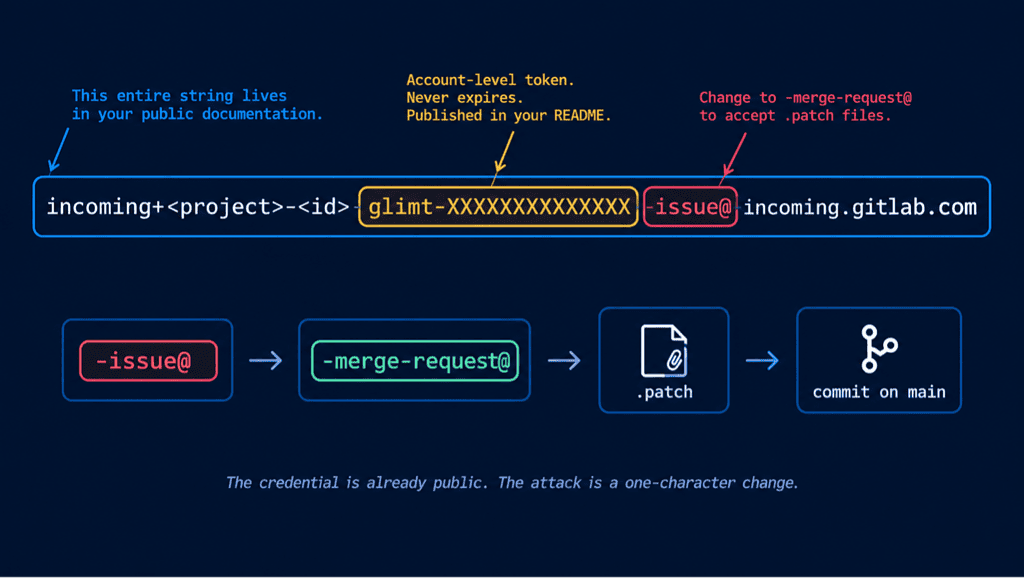 Diagram of a GitLab incoming email token address with the glimt token highlighted, and the -issue@ to -merge-request@ to .patch to commit on main flow