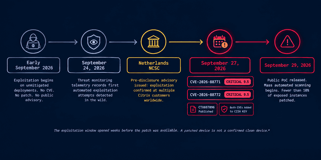 NetScaler zero-day disclosure timeline from early September exploitation to mass scanning on September 29