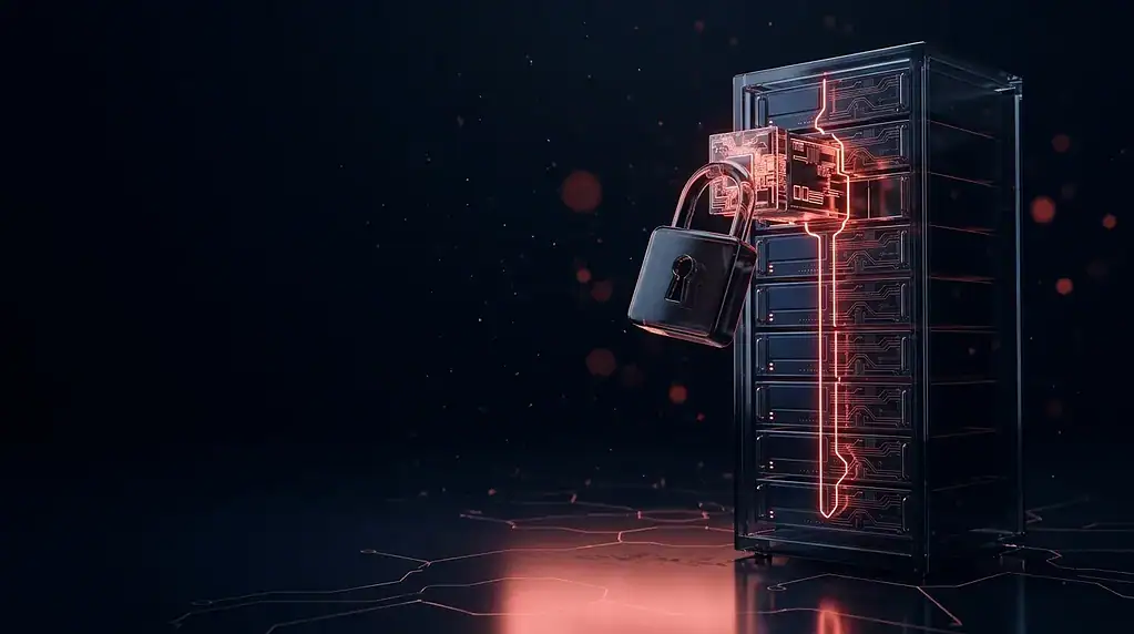 Server rack with a glowing backup agent module and master key being locked out by a padlock, cover art for the FASCSA order on Acronis