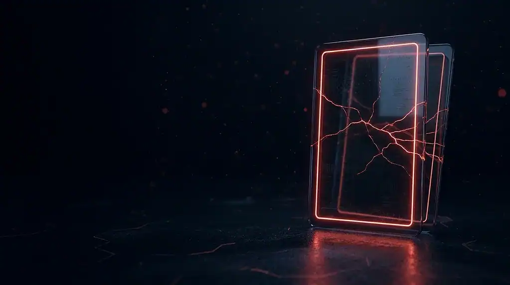 Brandefense logo concept with glowing red neon frames and cracked glass.