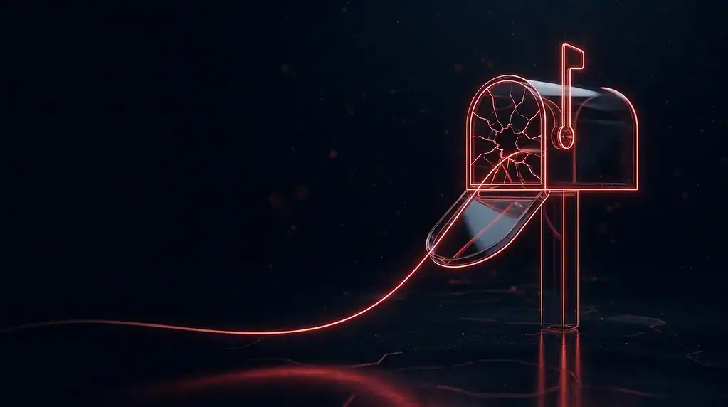 Neon red mailbox with cracked glow and data stream representing cyber security.