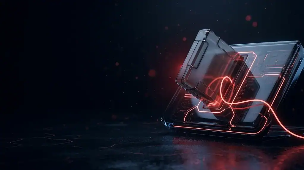 Dark glass editor cartridge with a hidden red wire, cover art for malicious extensions