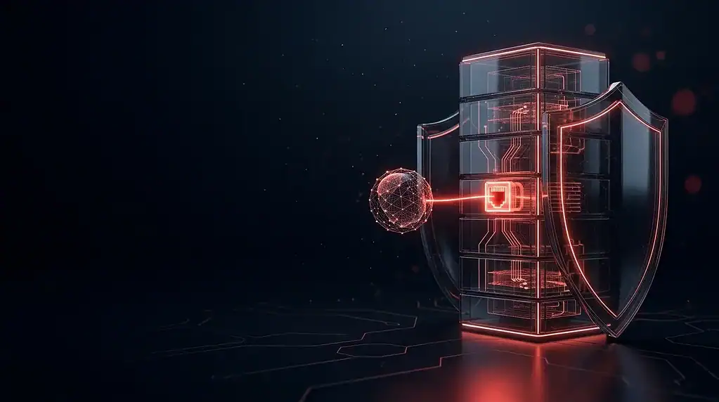 Dark glass database server with one red open network port linked to the internet and shields around the rest, cover art for the ClickHouse vulnerability patch plan