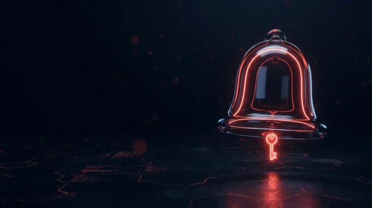 Dark glass dark glass alarm bell with a tiny glowing red key hanging fr with red neon lines, cover art for: How to triage a leaked password alert