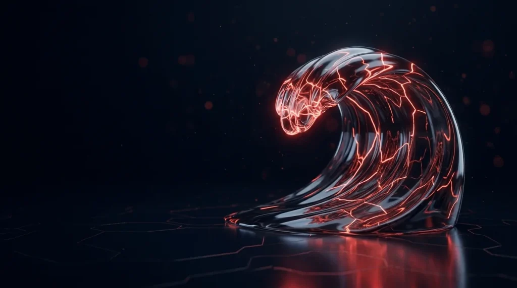 Dark glass dark glass breaking ocean wave cresting over, red cracks of with red neon lines, cover art for: Ransomware Trends Report | Q3 2026