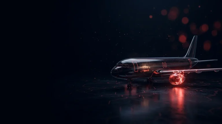 Dark glass dark glass airliner model grounded, one engine glowing red a with red neon lines, cover art for: Check-in outage: one supplier, many airports