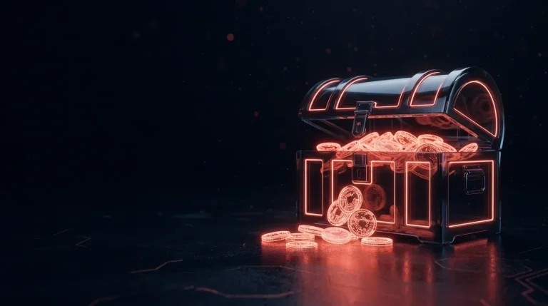 Dark glass dark glass treasure chest with a back door open, red coins s with red neon lines, cover art for: Bybit theft: what it teaches about supplier access