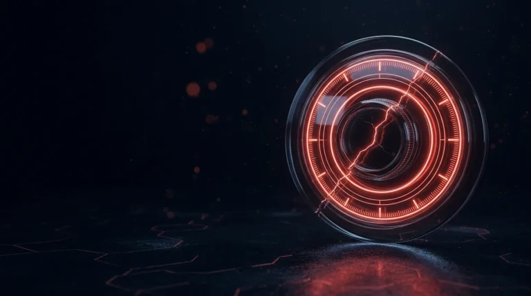 Dark glass dark glass safe dial wheel with a hairline red crack across with red neon lines, cover art for: F5 breach: when your security vendor is hacked