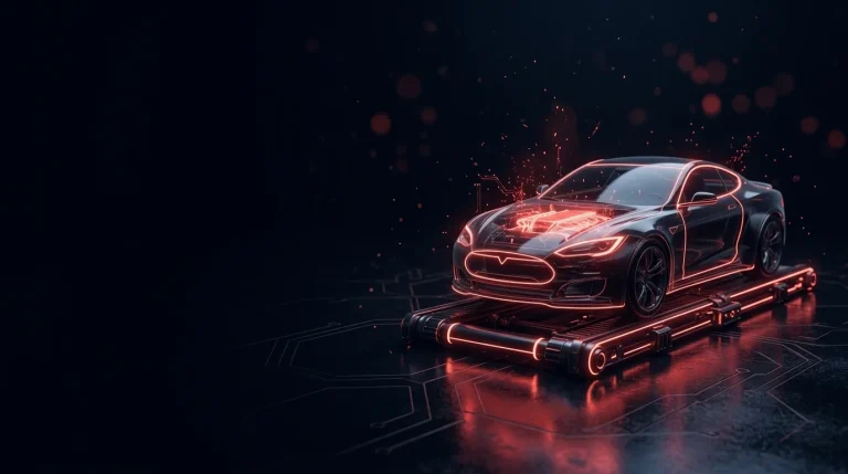 Dark glass dark glass sports car silhouette frozen on a short assembly with red neon lines, cover art for: JLR cyber attack: what security buyers should ask