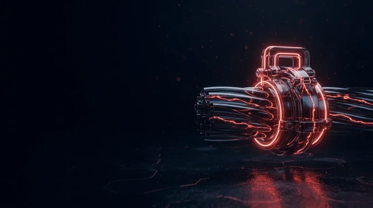 Dark glass bundle of dark glass telephone cables clamped by a glowing r with red neon lines, cover art for: Salt Typhoon: what telecom customers should do
