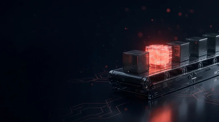 Dark glass glass conveyor belt carrying cubes with one infected red cra with red neon lines, cover art for: tj-actions compromise: how to catch it in your CI