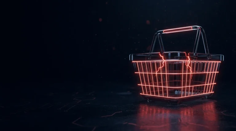Dark glass dark glass shopping basket with a red crack along its rim with red neon lines, cover art for: UK retail attacks 2025: lessons for retailers