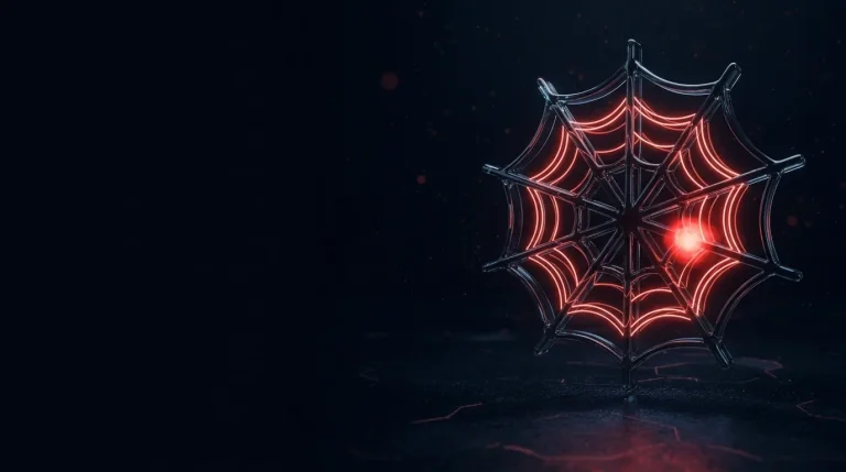 Dark glass dark glass spiderweb with a single glowing red node trapped with red neon lines, cover art for: OWASP Top 10:2025: the ten web application risks