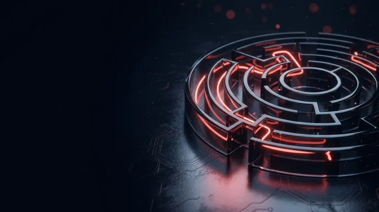 Dark glass dark glass labyrinth with a glowing red path winding through with red neon lines, cover art for: OWASP LLM Top 10 for 2025: the ten risks explained