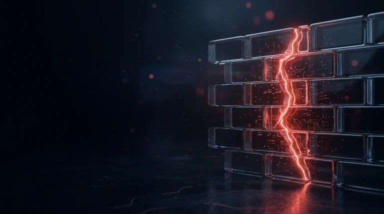 Dark glass segment of dark glass brick wall with a glowing red fissure with red neon lines, cover art for: 2025 CWE Top 25: Most Dangerous Software Weaknesses
