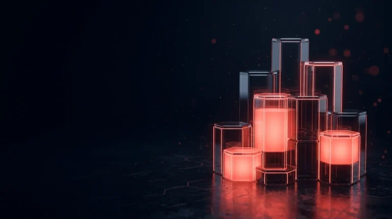 Dark glass stacked dark glass hexagonal blocks of different heights, a with red neon lines, cover art for: Most targeted EU sectors in 2025: the ENISA ranking