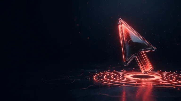Dark glass dark glass cursor arrow with red ripples spreading where it with red neon lines, cover art for: ENISA 2026: ClickFix, Smishing and Phishing Kit Trends