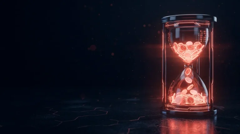 Dark glass dark glass hourglass filled with glowing red coins with red neon lines, cover art for: FBI IC3 2025 Report: The Costliest Cybercrimes