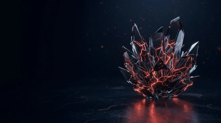 Dark glass cluster of crystalline dark glass shards with red fractures, with red neon lines, cover art for: Top 10 Ransomware Variants Reported to the FBI in 2025
