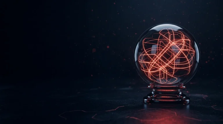 Dark glass dark glass crystal ball with a red glowing lattice inside with red neon lines, cover art for: AI cyber threats in 2026: what the FBI and ENISA report