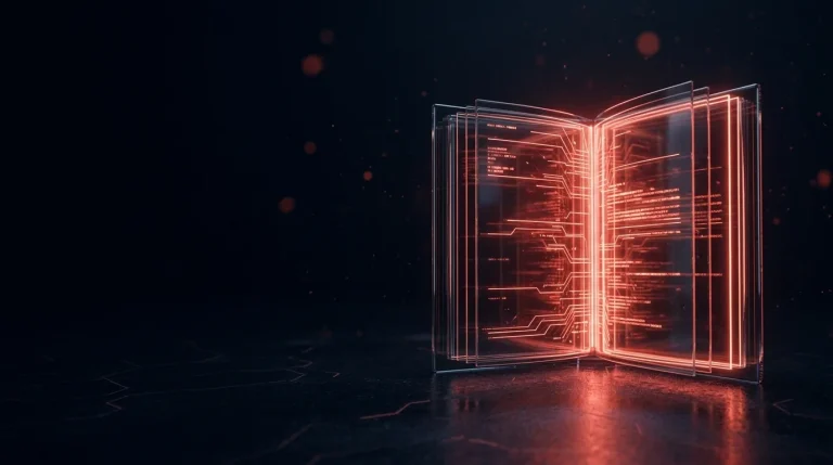 Dark glass open dark glass book standing upright with red light glowing with red neon lines, cover art for: NCSC Annual Review 2025: UK Cyber Threat Findings