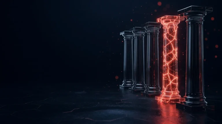 Dark glass row of five dark glass courthouse columns, one cracked and g with red neon lines, cover art for: Cyber security regulations to know in 2026: five rules