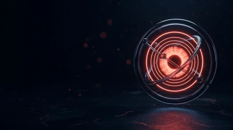 Dark glass glass three-ring orrery with three arms and a red glowing su with red neon lines, cover art for: CVSS, EPSS and CISA KEV: what each signal tells you