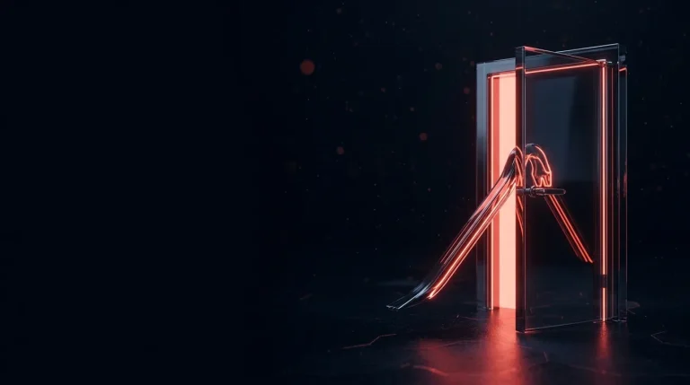 Dark glass dark glass crowbar prying open a glass door slab, red light with red neon lines, cover art for: Exploited vulnerabilities in 2025: what ENISA reports