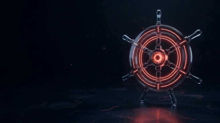 Dark glass dark glass six-spoke ship's helm wheel with a red hub with red neon lines, cover art for: NIST CSF 2.0: the six functions explained