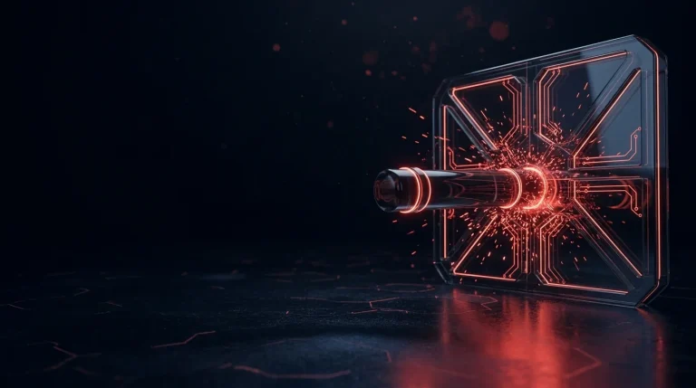 Dark glass dark glass battering ram striking a glass gate, red sparks with red neon lines, cover art for: Hacktivism and DDoS in 2025: ENISA's top groups