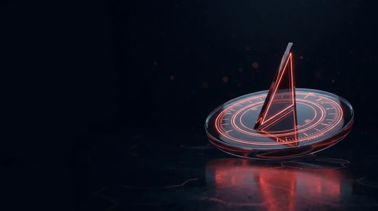 Dark glass dark glass sundial casting a long red shadow with red neon lines, cover art for: Cyber Resilience Act dates: 2026 and 2027 deadlines
