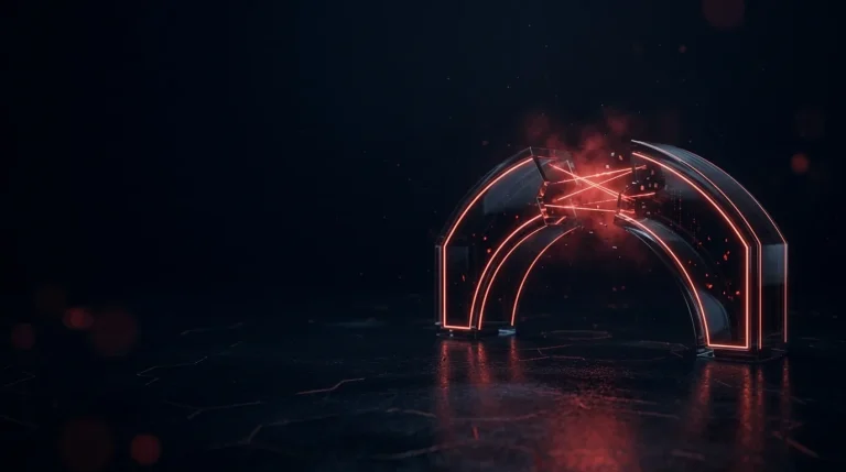 Dark glass dark glass bridge arch with one span missing, red light acro with red neon lines, cover art for: NIS2 transposition status in 2026: what the EU says