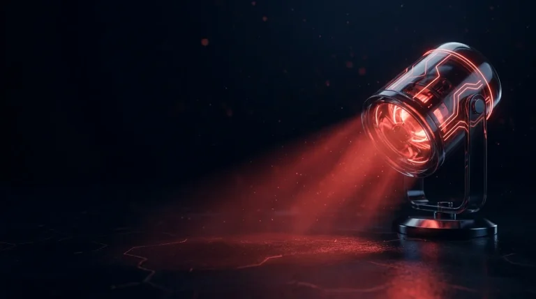 Dark glass dark glass spotlight lamp casting a red beam onto the floor with red neon lines, cover art for: SEC cyber disclosure rules: Form 8-K Item 1.05 explained
