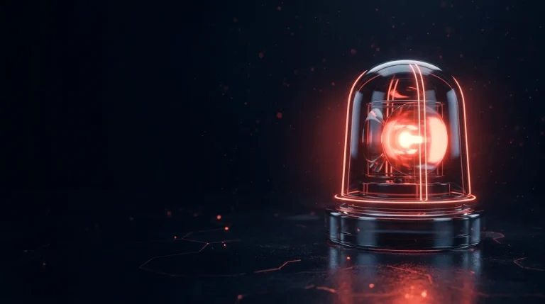 Dark glass dark glass emergency siren beacon with a red rotating glow with red neon lines, cover art for: CIRCIA final rule status in 2026: what CISA says