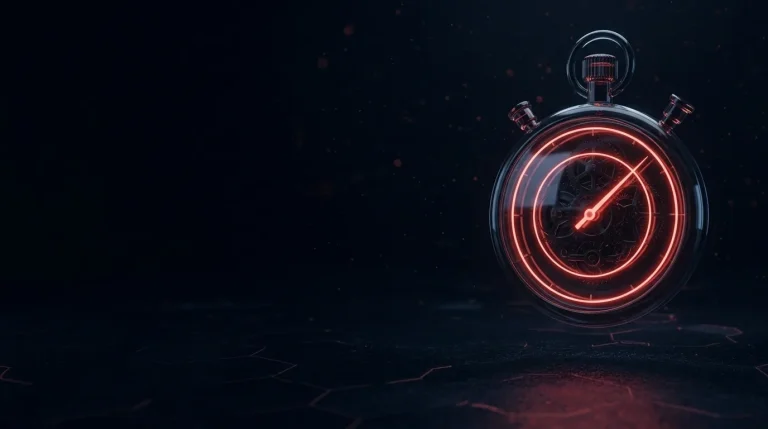 Dark glass dark glass stopwatch with a red glowing sweep hand, no numbe with red neon lines, cover art for: Incident reporting deadlines: NIS2, CRA, SEC, CIRCIA