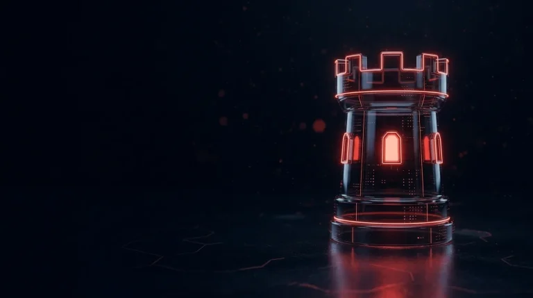 Dark glass dark glass castle turret with battlements lit by red windows with red neon lines, cover art for: UK Cyber Security and Resilience Bill: status in 2026