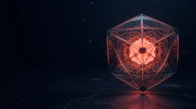 Dark glass faceted dark glass crystal lattice cube with a red glowing c with red neon lines, cover art for: Post-quantum cryptography: NIST and CISA guidance in 2026