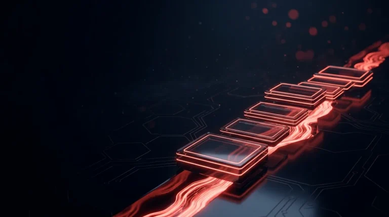 Dark glass dark glass stepping stones crossing a glowing red river gap with red neon lines, cover art for: Post-quantum migration milestones: NCSC and EU dates