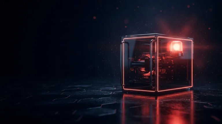 Dark glass dark glass flight recorder black box with a red beacon light with red neon lines, cover art for: Cyber incidents of 2026: lessons from official reports