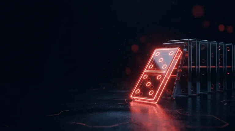 Dark glass row of dark glass dominoes toppling, the lead one glowing re with red neon lines, cover art for: Cyber compliance calendar 2026 and 2027: key dates