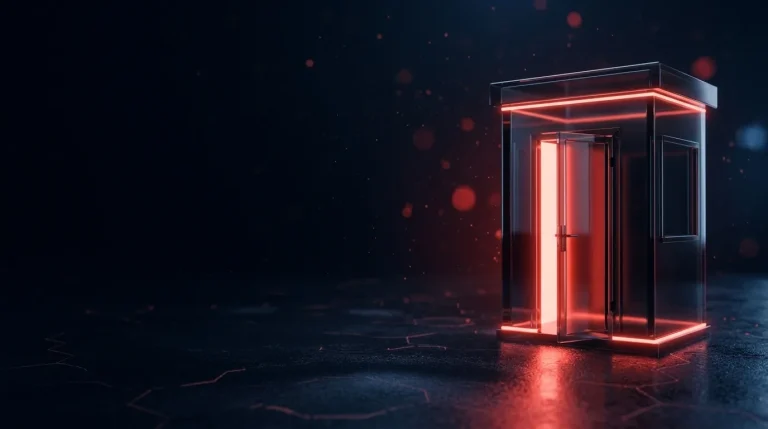 Dark glass dark glass gatehouse with its door ajar and red light pourin with red neon lines, cover art for: NetScaler exposed edge: questions to ask your team