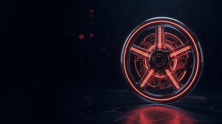 Dark glass dark glass industrial valve wheel with red glowing spokes with red neon lines, cover art for: Exposed PLCs: lessons from the 2026 US advisory