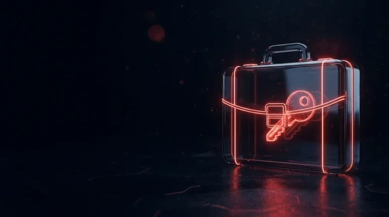 Dark glass dark glass briefcase with a glowing red key visible inside with red neon lines, cover art for: A contractor repo and cloud keys: CISA's lessons