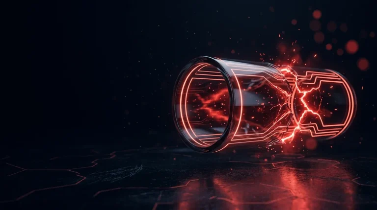 Dark glass dark glass tube tunnel split open with red light leaking fro with red neon lines, cover art for: Five edge VPN flaws CISA flags for ransomware use