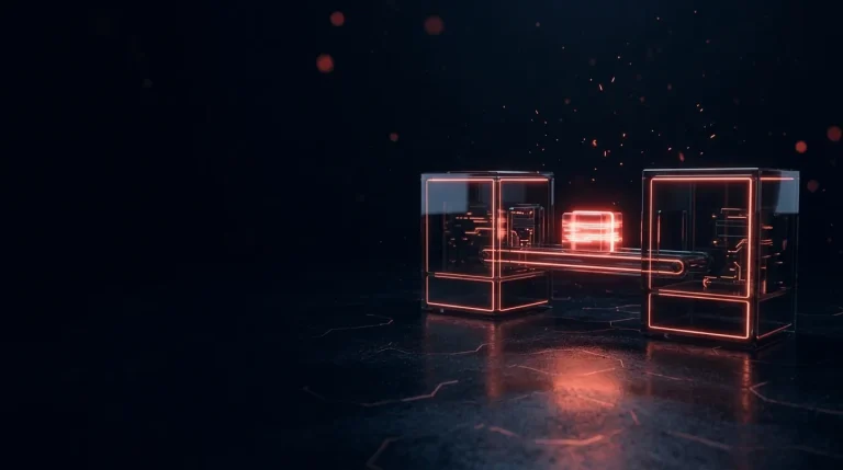 Dark glass two dark glass boxes linked by a transfer rail carrying a re with red neon lines, cover art for: Remote support and file transfer flaws in ransomware attacks