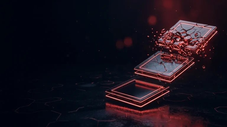 Dark glass descending shattered tiles with red neon lines, cover art for: BreachForums and DarkForums: takedown timeline