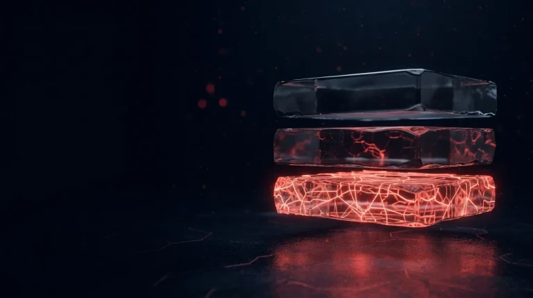 Dark glass three stacked dark glass strata layers, the bottom layer glo with red neon lines, cover art for: Deep Web vs Dark Web vs Surface Web: What Is the Difference?