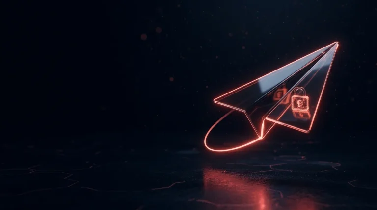 Dark glass a glass paper plane with a lock inside with red neon lines, cover art for: Is Telegram safe? What it protects and what it does not